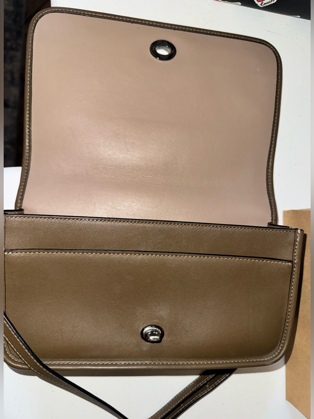 Coach Turnlock Crossbody Bag in Glovetanned Leather (Style #57325) 2016 Taupe - Picture 6 of 15